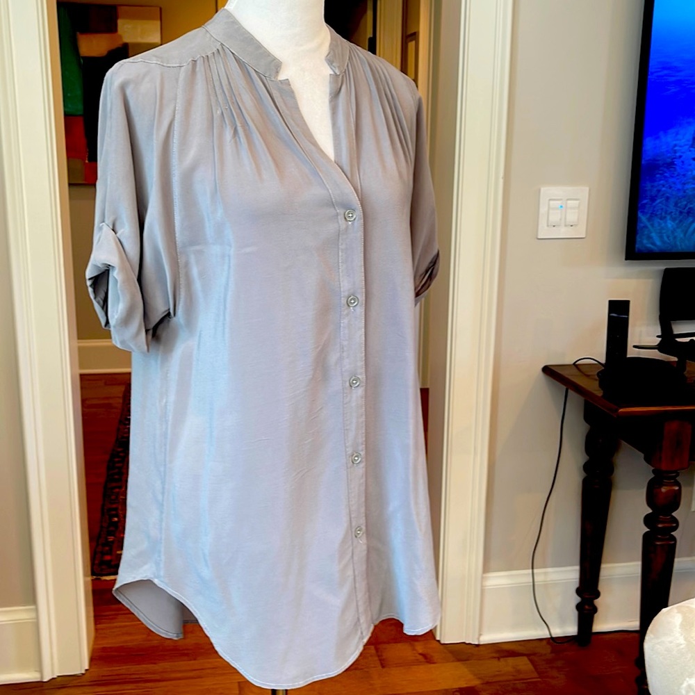 Silk draped top with buttons and ruched sleeves